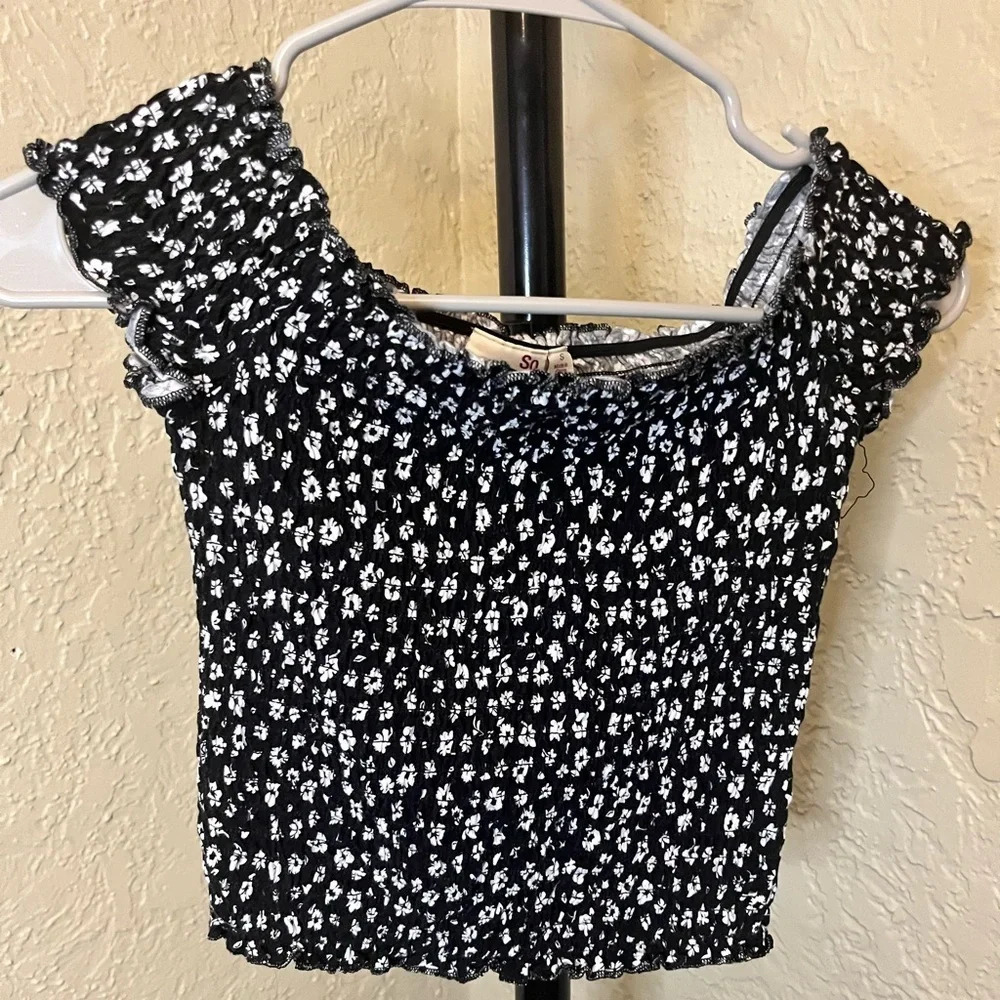 Floral Smocked Tops For Women Crop Top Casual Blouse Black